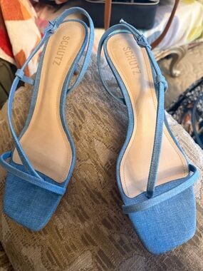 SCHUTZ Light Denim Strappy kitten heel sandal. Brand new!
